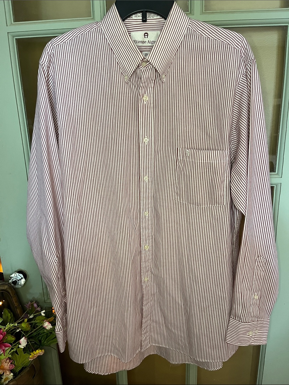 Etienne Aigner Men's Red and White Striped Button-Down Shirt
